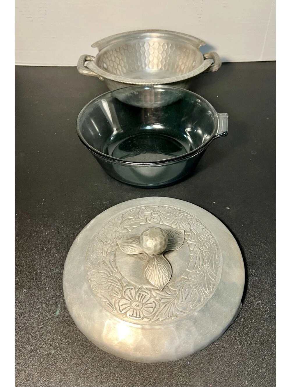 Everlast & Pyrex 1940s Aluminum Casserole Dish W/Lid & Flameware Insert Set
